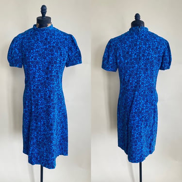 1980s Blue Corduroy Paisley Puff Sleeve Mini Dress. By Copperhive Vintage. 