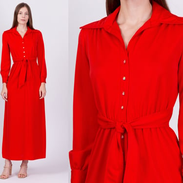 60s 70s Leslie Fay Red Maxi Hostess Dress - XS to Small | Vintage Cinched Waist Long Sleeve Jeweled Button Dress 