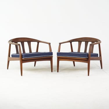 Milo Baughman for Thayer Coggin Mid Century Walnut Barrel Lounge Chairs - Pair - mcm 
