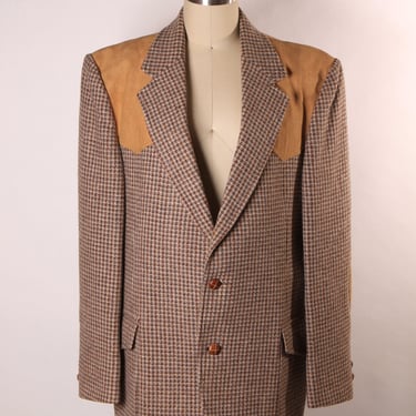 1970s Brown, White and Tan Long Sleeve Western Style Elbow Patches Button Down Mens Blazer Jacket by Pendleton -L 