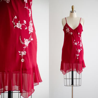 red vintage lingerie 90s chiffon floral embroidered slip nightgown 