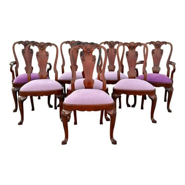 Maitland Smith Style Carved Mahogany Georgian Style Dining Chairs - Set of 8 