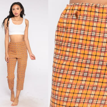 Plaid Corduroy Pants 70s Trousers High Waist Tapered Pants Elastic Waistband Tartan Pull On Pants Yellow Preppy Vintage 1970s Extra Small XS 