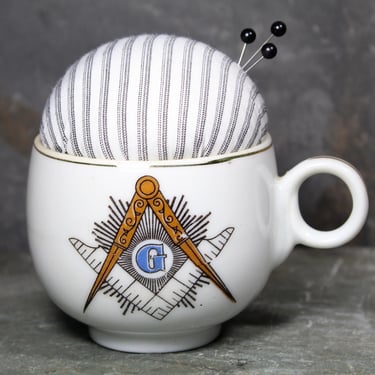 Vintage Miniature Ceramic Freemason Tea Cup Upcycled Pin Cushion | 1950s Freemason Pin Cushion | Handmade | Tea Cup Made in Japan 