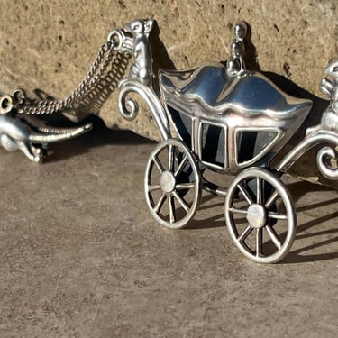 Vintage Taxco Articulated Sterling Cinderella Shadowbox Carriage w/ Mice Drivers being Pulled by Harnessed Silver Rats Brooch / Pin c 1940s 