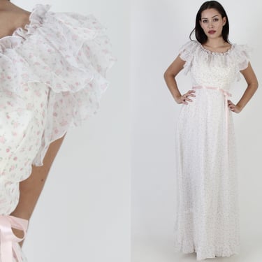 1970s Prairie Wedding Dress, Vintage Calico Flower Sheer Gown, Etherial Flowy Western Maxi Dress 