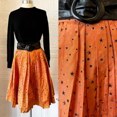 Vintage 40s 50s Orange Taffeta Handmade Halloween Skirt with Silver and Black Flocked Star Print 
