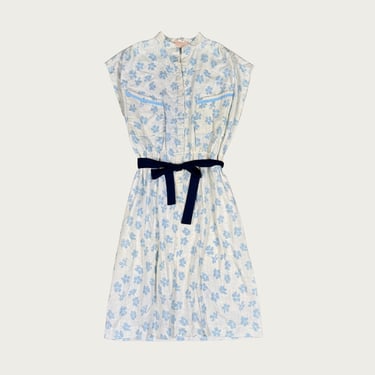(M) 70s Blue/White Floral Belted Midi Dress