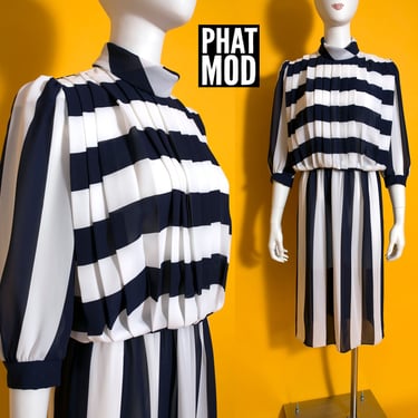 Chic Vintage 80s 90s Navy Blue & White Stripe Avant Garde Dress 