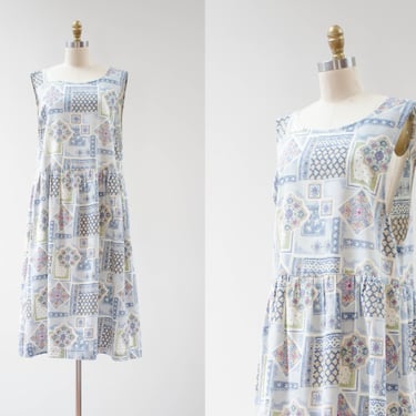 cute cottagecore dress | 80s 90s plus size vintage light sky blue white patchwork vintage sleeveless midi dress 
