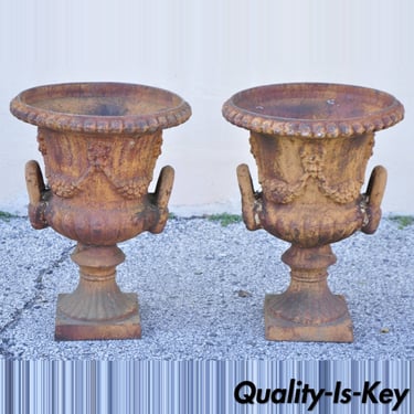 Cast Iron Neoclassical Style Figural Twin Handle Urn Garden Planter Pot - a Pair