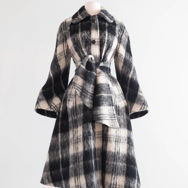 Dramatic 1970’s Black &amp; White Plaid Mohair Princess Coat / ML