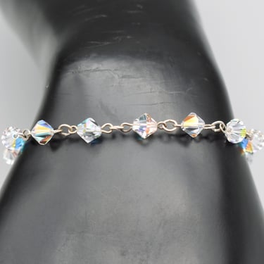 60's sterling AB bicones mid-century bracelet, dainty faceted Aurora Borealis beads 925 silver links 