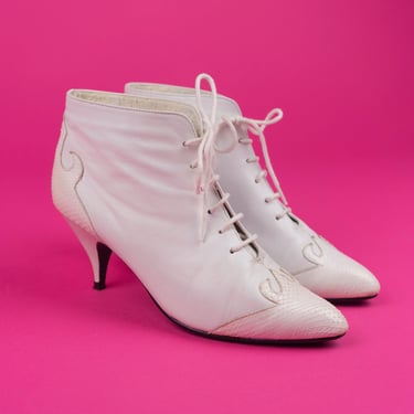 Rare 80s Marc Albert Maria Pia Italian White Leather Lace-Up Heeled Booties with Snakeskin Details Size 7.5 