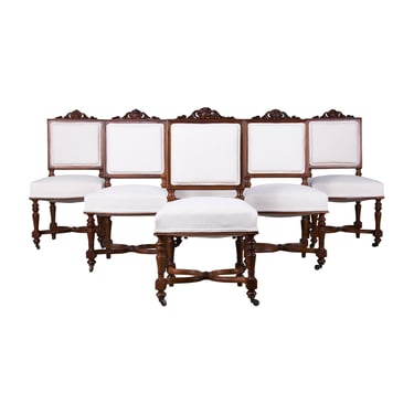 Antique French Napoleon III Style Walnut Dining Chairs W/ Off-White Fabric - Set of 6 