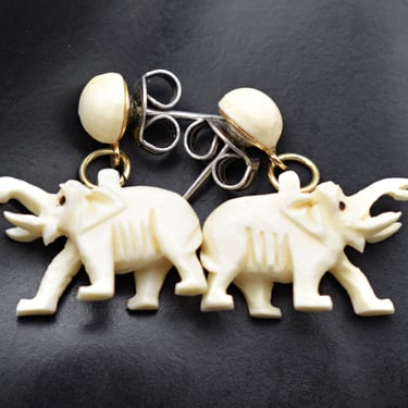 60's carved celluloid good luck elephant stud dangles, whimsical kitsch pachyderm post earrings 