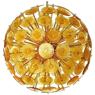 Italian Sputnik Chandelier with Amber Murano Glass Disks &amp; Gold Plated Frame