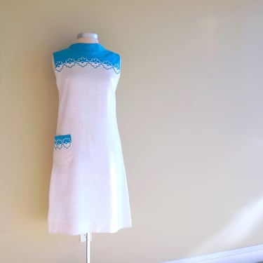 Blue & White Linen  Dress • Summer • 1960s Mod • MEDIUM • Floral Embroidery Trim • Retro Shift • Vintage Deadstock • Bleeker Street • NWT 