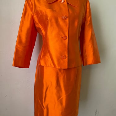 Vintage LANVIN Paris Silk Jacket Skirt Suit - 2 Piece Couture Set Orange Blazer & Skirt 