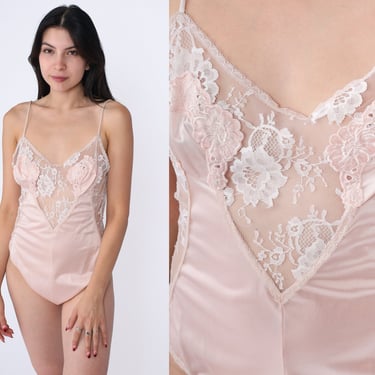 Baby Pink Lingerie Teddy Lace Teddie Romper 80s Deep V Neck One Piece Teddy Romantic Vintage Sexy Spaghetti Strap Plunging Neckline Large L 