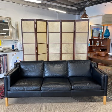 Danish Three Seat Black Leather Sofa Designed by Børge Mogensen for Stouby