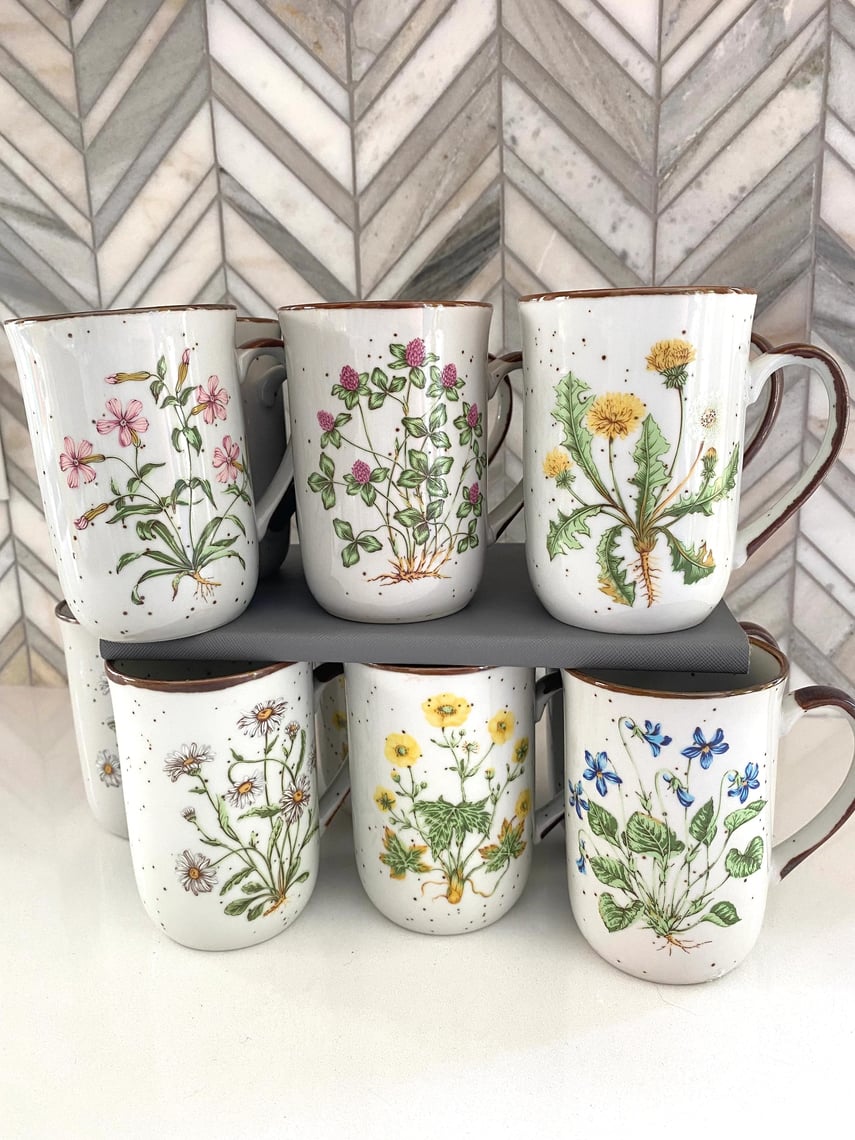 Mastercraft Stoneware Japan Floral Flat Cup Coffee Mugs | 8 oz | Set of 4