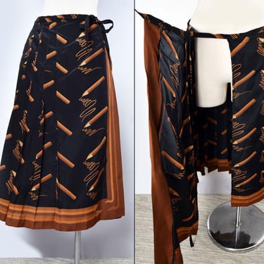 Vintage Designer Daniel Hechter Silk WRAP SKIRT Novelty PENCIL Print Pleated 1970s, 1980's Large size Pleats 