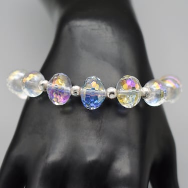 Big 60's lead crystal 925 silver bracelet, scalloped sterling faceted glass graduated bead statement 