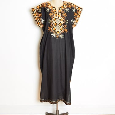 vintage 70s dress black embroidered caftan hippie boho maxi dress L XL clothing 