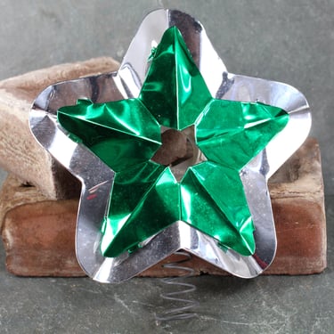 1960s Christmas Star Tree Topper | Classic Silver & Green Tin Star | Vintage Dime Store Christmas Decor | National Tinsel Mfg. Co. 