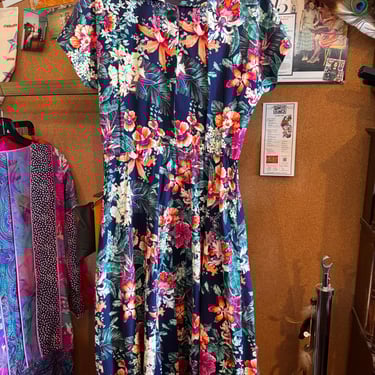 1990s Blue Floral Shirtwaist Dress