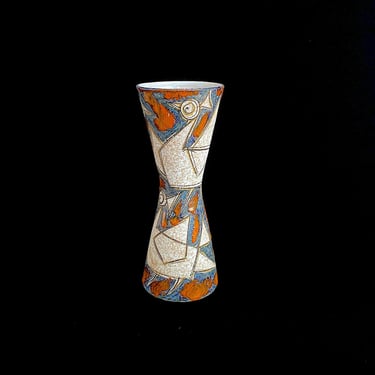 Vintage Mid Century Modern Italian 12" Tall Art Pottery Vase with Cubist Geometric Birds Scene Italy 1960s 