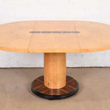Milo Baughman Style Mid-Century Modern Burl Wood and Macassar Ebony Pedestal Dining Table by Henredon, Newly Refinished