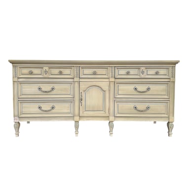 French Country Dresser by Dixie - 1970s Vintage Cream & Light Blue Credenza with 9 Drawers Farmhouse Shabby Chic Style 