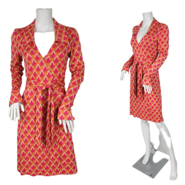 DVF 1990's Orange Pink Ikat Print Silk Wrap Dress I Sz Sm I Sz 6 I Diane Von Furstenberg 