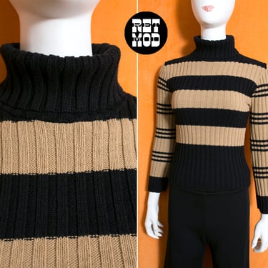 Vintage 90s does 70s Black & Tan Stripe Turtleneck Sweater 