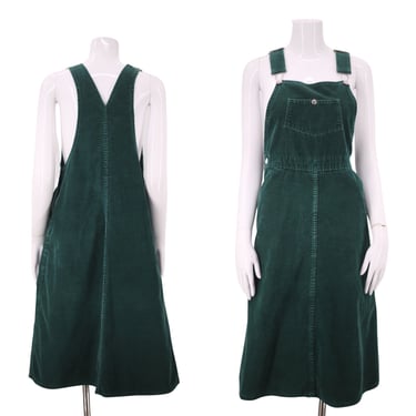 70s MADEWELL green corduroy jumper dress sz M / vintage 1970s overalls dress 