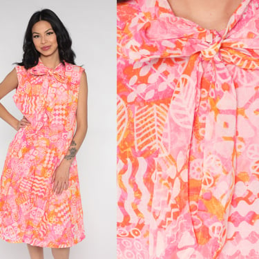 Tropical Ascot Dress 60s 70s Neon Hawaiian Dress Mod NECK TIE 60s Floral Day Dress Geometric Pink Midi Low Waist Vintage Sleeveless Medium 