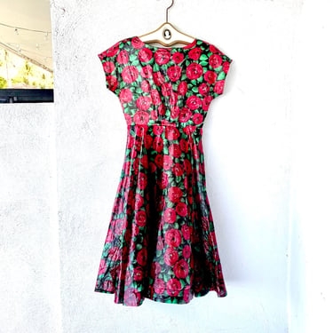 Vintage 50s Red Rose Party Dress // 90s does 1950s Style Glam Shiny Full Skirt Dress 