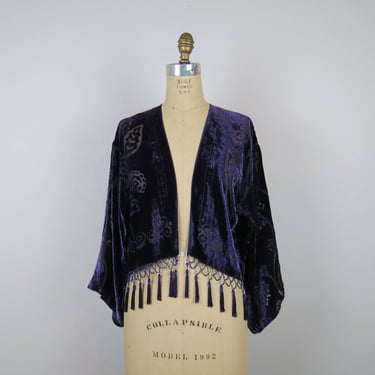 Vintage devore velvet burnout kimono top jacket bolero duster beaded fringe 1990s Y2K 