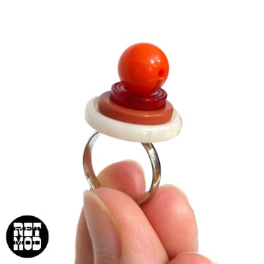 Interesting Adjustable Vintage Red Orange Taupe Stacked Button Statement Ring 