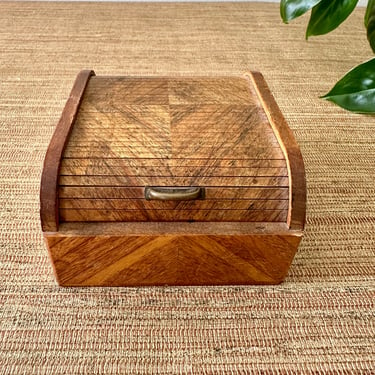 Vintage Small Tambour Box - Wood Roll Top Trinket/Jewelry Storage 