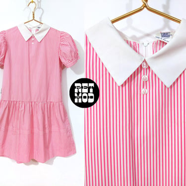 Adorable Vintage 70s 80s Pink White Stripe Babydoll Dress with White Collar 