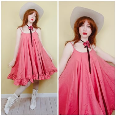 1970s Vintage Pink Homemade Ruffled Tent Dress / 70s Cotton Trapeze Swing Dress / Small - Medium 