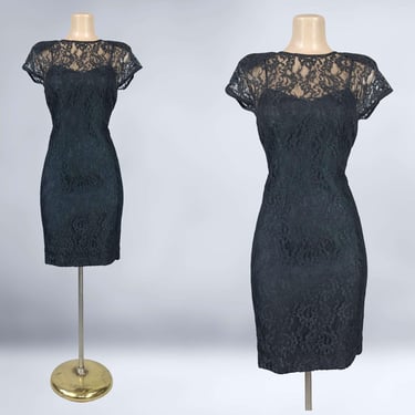 VINTAGE 80s Black Illusion Lace Party Dress by Taurus II Sz 8 | 1980s Sheer Bodycon Wiggle Cocktail Dress Whimsy Goth | VFG 