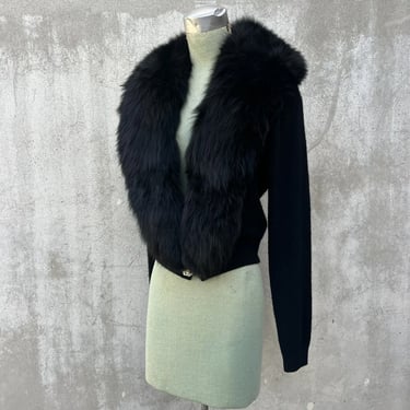 Vintage 1950s Black Wool Knit Cardigan Sweater Fur Collar Jean Harlow Hollywood