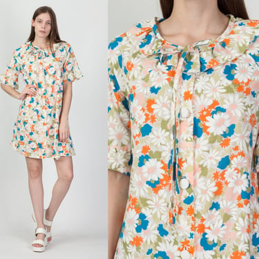 70s Floral Mini House Dress - Medium | Vintage Ruffle Trim Button Up Loungewear House Coat 