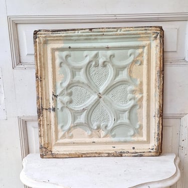 Heart Shape 18" Tin Ceiling, Blue and White Ceiling Tile with Quatrefoil Pattern, Vintage Tin Ceiling Tile 032506 