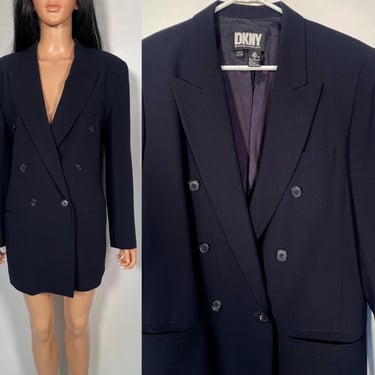 Vintage 90s Designer DKNY Blue/Black Double Breasted Wool Blazer Size M 