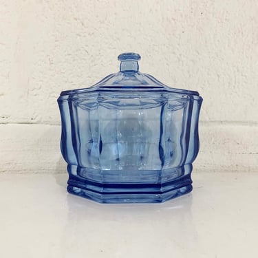 Vintage Blue Glass Covered Candy Dish Depression Stasher Lidded Box Trinket Holder Vanity Storage 1950s 